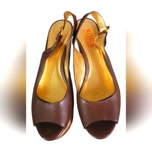 Michael Kors Leather Cork Wedge Adjustable Buckle Strap Open Toe Sandals Sz 9